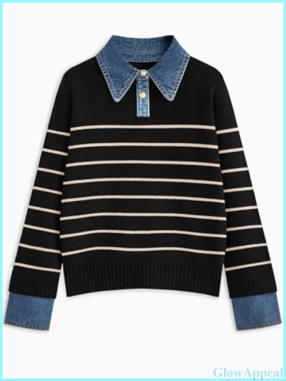 Oversized Collared V-Neck Denim Sweater with Buttons